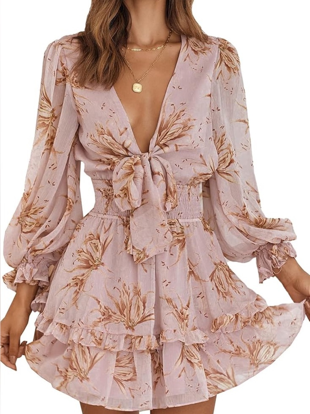 Exlura Tie - Front (or back ) Floral ruffle Mini Dress in soft Lilac/Pink